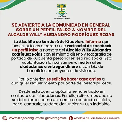 Alertamos sobre la existencia de un perfil falso en redes sociales que suplanta la identidad del alcalde Willy Rodríguez.
